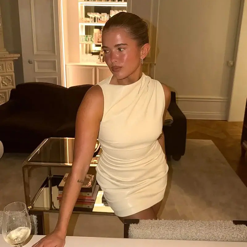 PU Leather Mini Dress – Sleeveless Ruched Clubwear - Mini Dresses