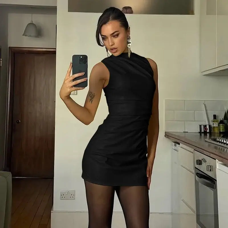 PU Leather Mini Dress – Sleeveless Ruched Clubwear - Mini Dresses