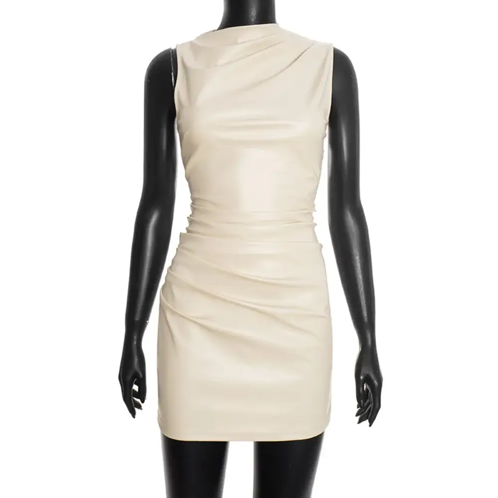 PU Leather Mini Dress – Sleeveless Ruched Clubwear - Mini Dresses