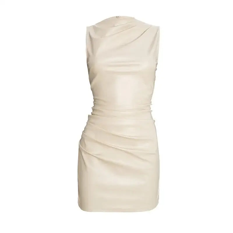 PU Leather Mini Dress – Sleeveless Ruched Clubwear - Mini Dresses