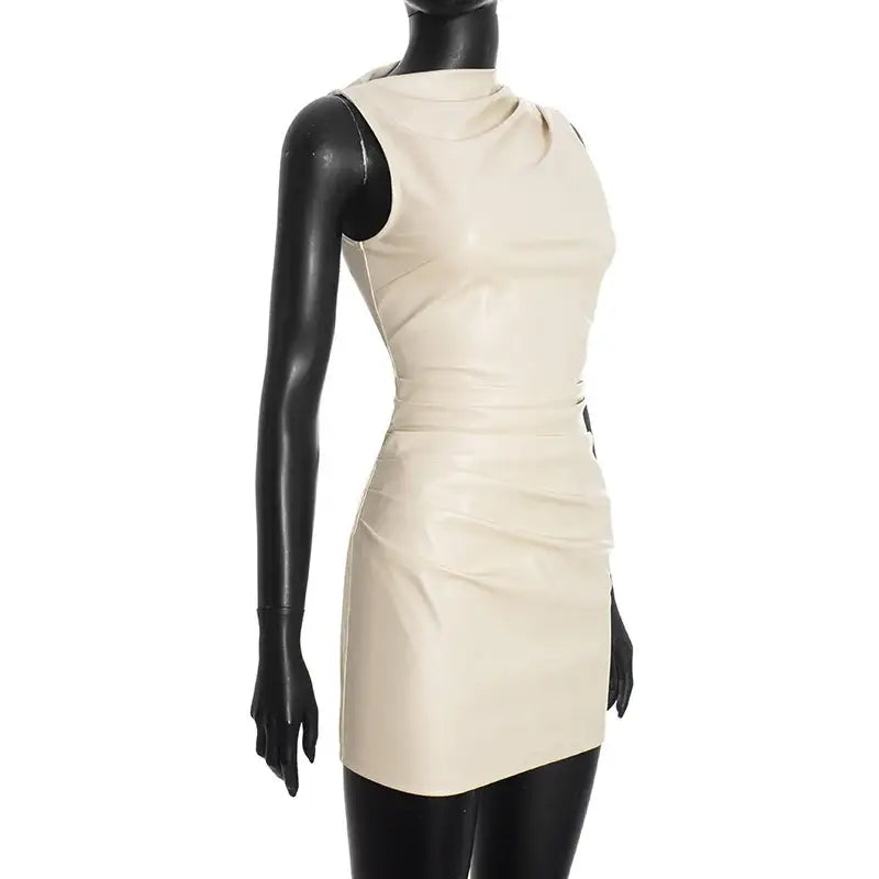 PU Leather Mini Dress – Sleeveless Ruched Clubwear - Mini Dresses