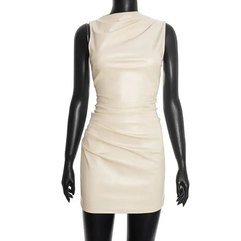 PU Leather Mini Dress – Sleeveless Ruched Clubwear - Mini Dresses