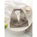 Taupe push up bralette no underwire with front hook closure displayed on white surface