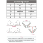 Size comparison chart for push up bralette no underwire and matching panties with measurements in cm and inches