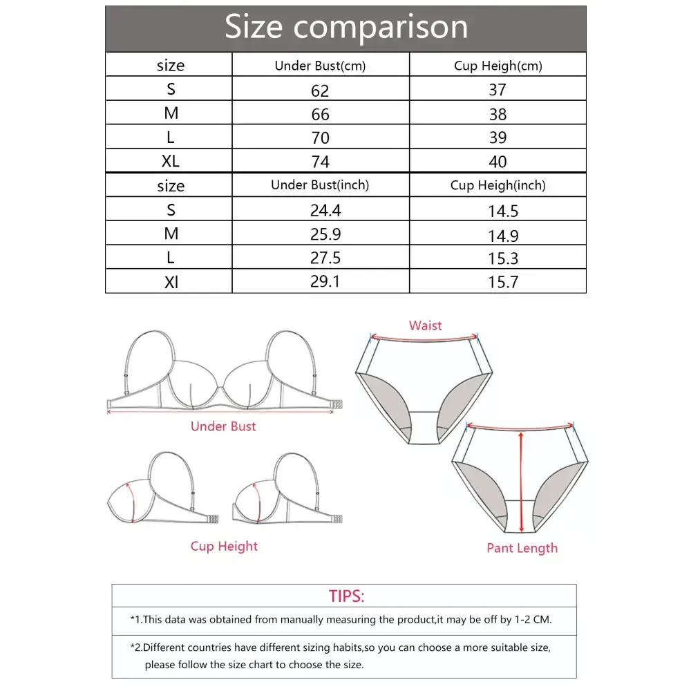 Size comparison chart for push up bralette no underwire and matching panties with measurements in cm and inches