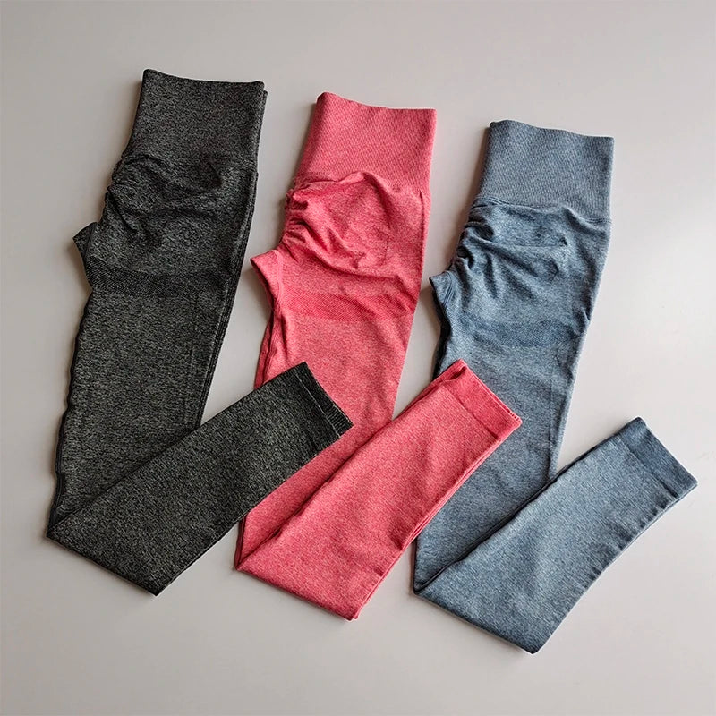 Set of three push up leggings for women in gray, pink, and blue colors for a stylish look