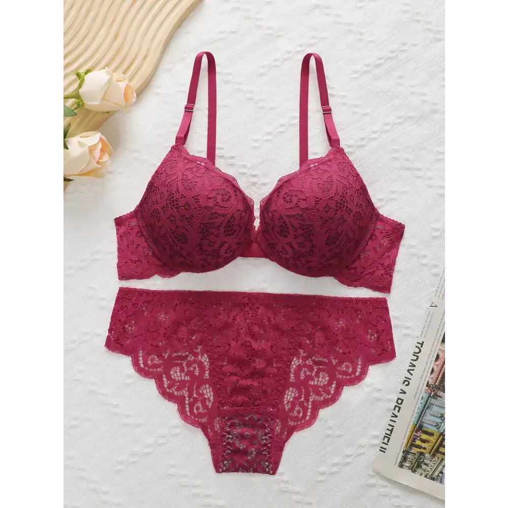 Burgundy lace push up underwire bra and panty set with adjustable straps from The Lady's Haven Boutique
