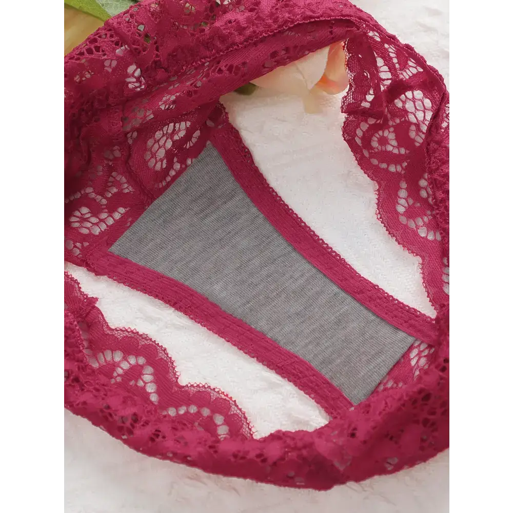Burgundy lace push up underwire bra and panty set detail with floral lace pattern