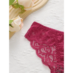 Close-up of burgundy lace panty from push up underwire bra and panty set with floral pattern