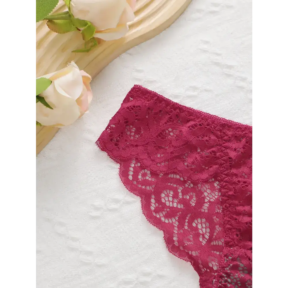 Close-up of burgundy lace panty from push up underwire bra and panty set with floral pattern