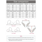 Size chart for push up underwire bra and panty set showing bust, cup height, waist, and length measurements in cm and inches