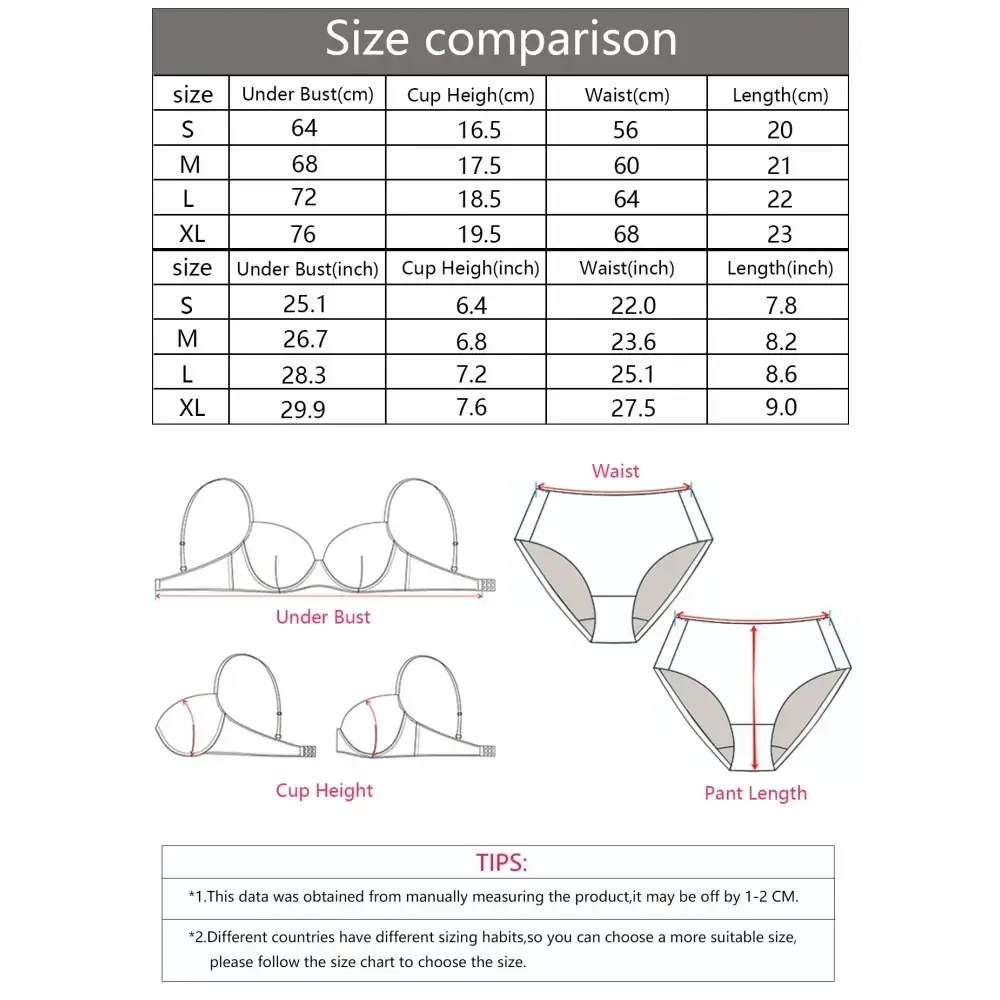 Size chart for push up underwire bra and panty set showing bust, cup height, waist, and length measurements in cm and inches