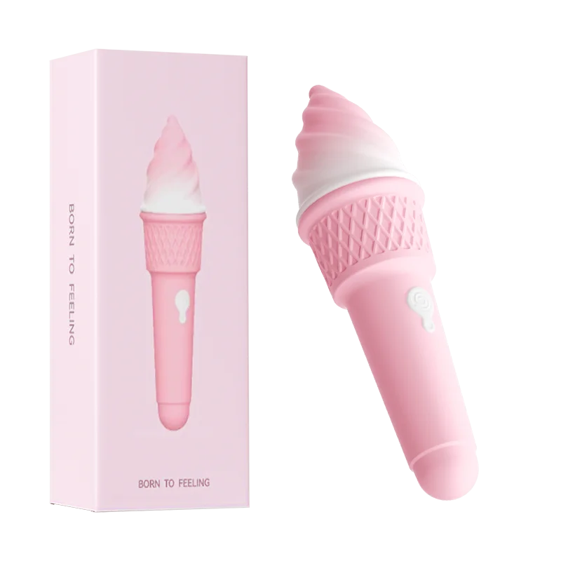 Pink ice cream cone shaped mini cone vibrator with soft silicone finish and discreet packaging