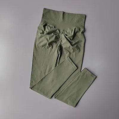 Olive Green Quick Dry Sport Leggings with High Waist and Gathered Detail for Comfortable Workouts