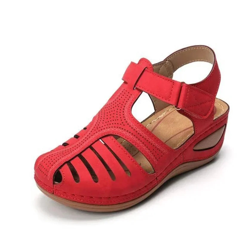 Red bunion corrector summer sandals with adjustable strap and cushioned sole for comfort