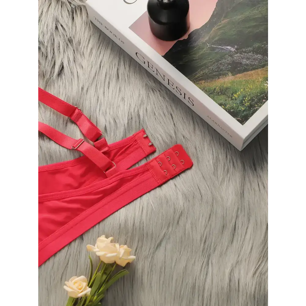 Red lace push up bra for women with adjustable straps and hook closure on gray fur background