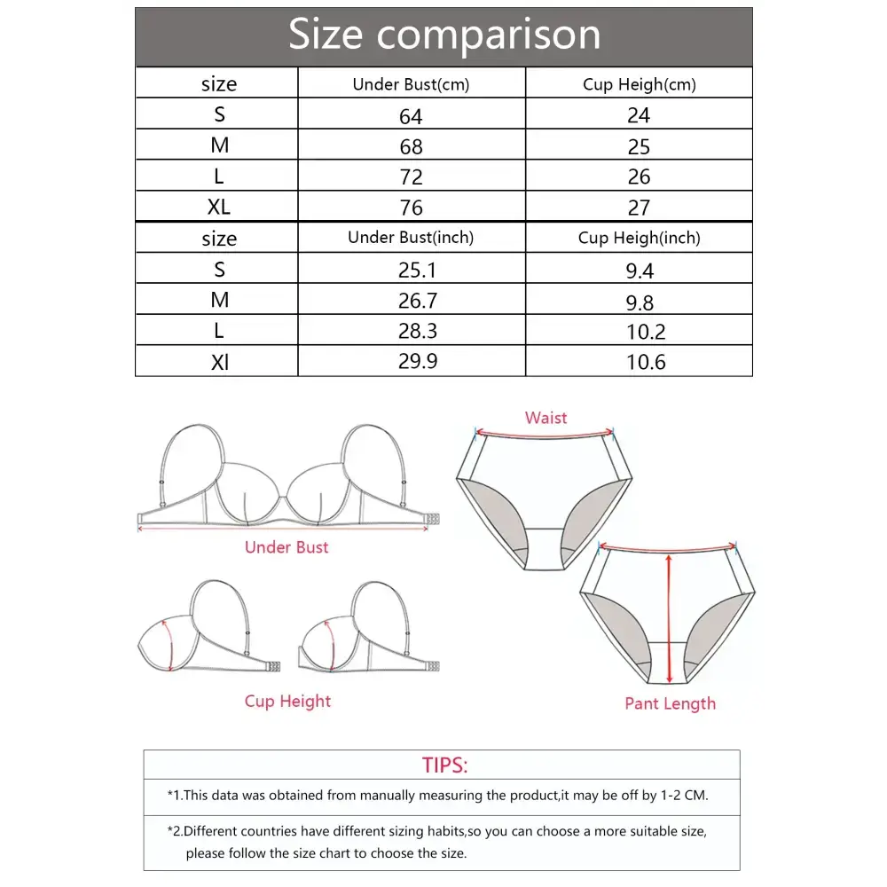 Size chart for lace push up bra for women showing under bust and cup height measurements in cm and inches