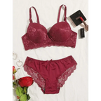 Two piece lace lingerie outfit in burgundy with floral lace bra and matching lace-trimmed panties