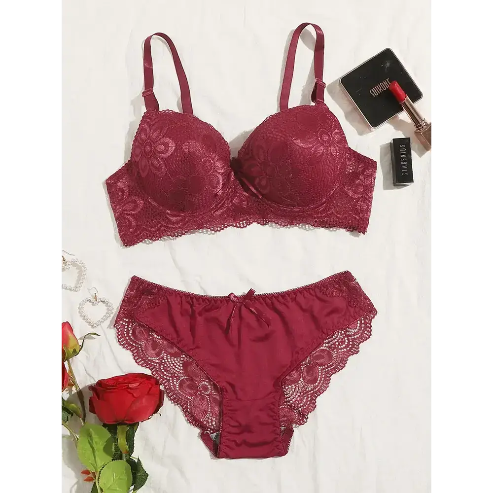 Two piece lace lingerie outfit in burgundy with floral lace bra and matching lace-trimmed panties