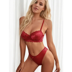 Red two piece lace lingerie outfit with floral patterns on a blonde model by The Lady's Haven Boutique