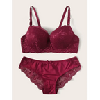 Burgundy two piece lace lingerie outfit with floral lace bra and matching lace-trimmed panties