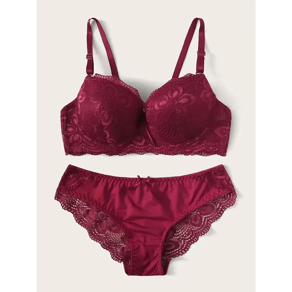 Burgundy two piece lace lingerie outfit with floral lace bra and matching lace-trimmed panties