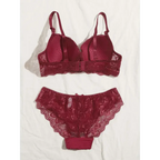 Burgundy two piece lace lingerie outfit with padded bra and floral lace panties