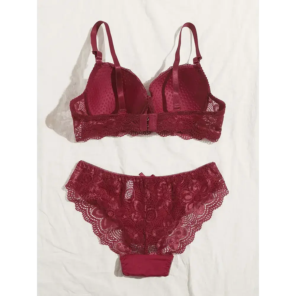 Burgundy two piece lace lingerie outfit with padded bra and floral lace panties