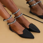 The Lady's Haven Boutique flat heel black rhinestone ankle strap sandals with pointed toe design