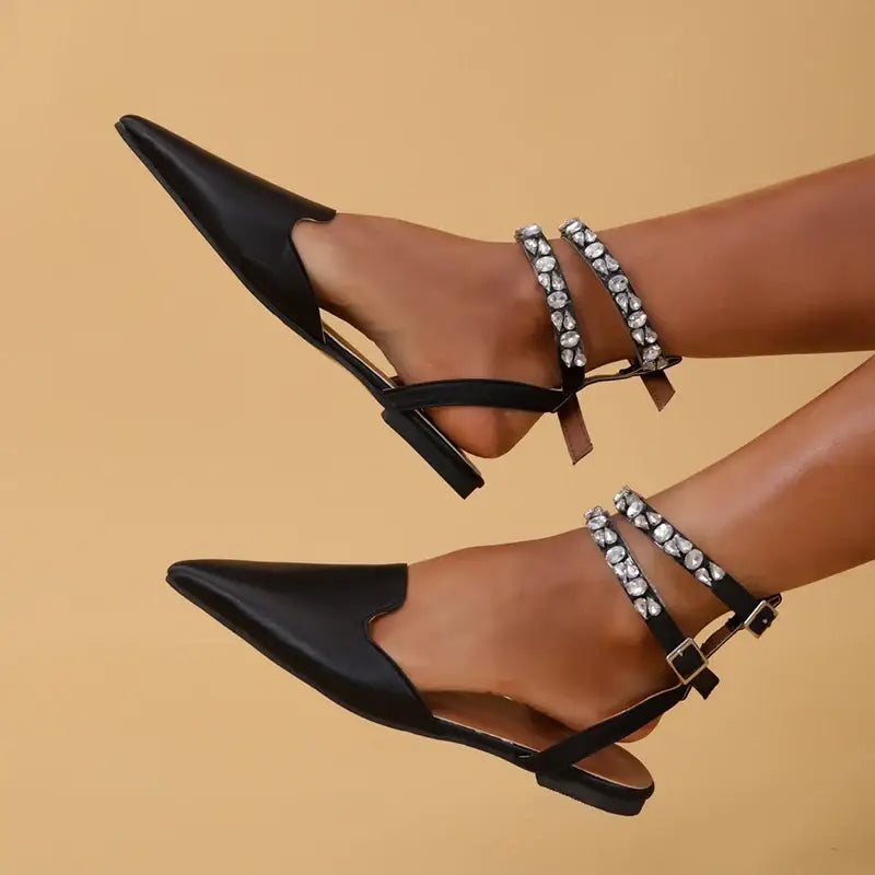 Black flat heel rhinestone ankle strap sandals with pointed toe and double buckle straps