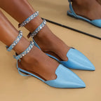 Light blue flat heel sandals with rhinestone ankle strap sandals from The Lady's Haven Boutique