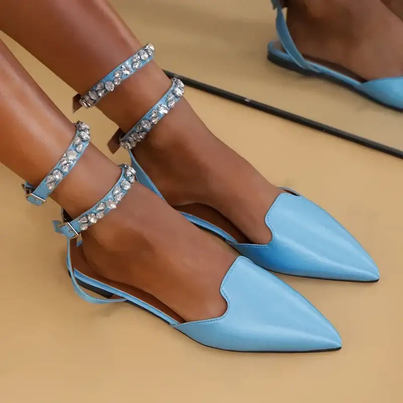 Light blue flat heel sandals with rhinestone ankle strap sandals from The Lady's Haven Boutique