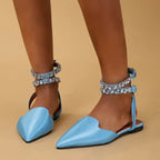 The Lady's Haven Boutique flat heel rhinestone ankle strap sandals in light blue satin