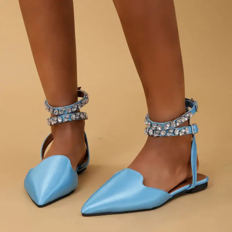 The Lady's Haven Boutique flat heel rhinestone ankle strap sandals in light blue satin