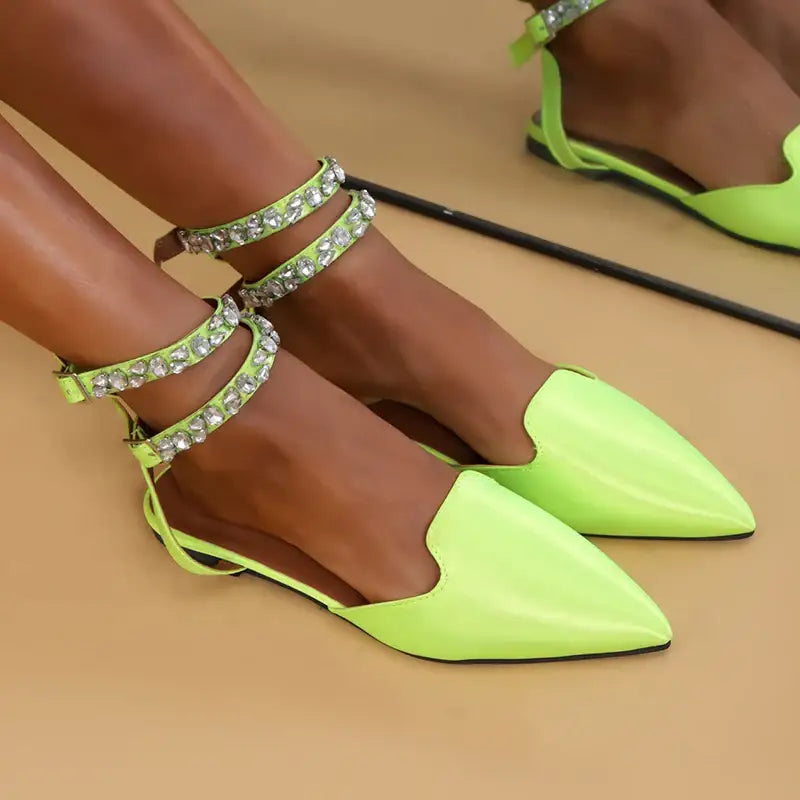 The Lady's Haven Boutique neon green flat heel rhinestone ankle strap sandals with pointed toe design
