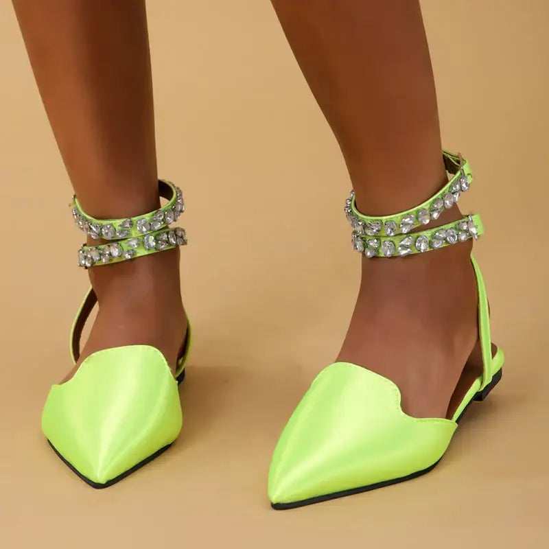 The Lady's Haven Boutique lime green flat heel rhinestone ankle strap sandals with pointed toe