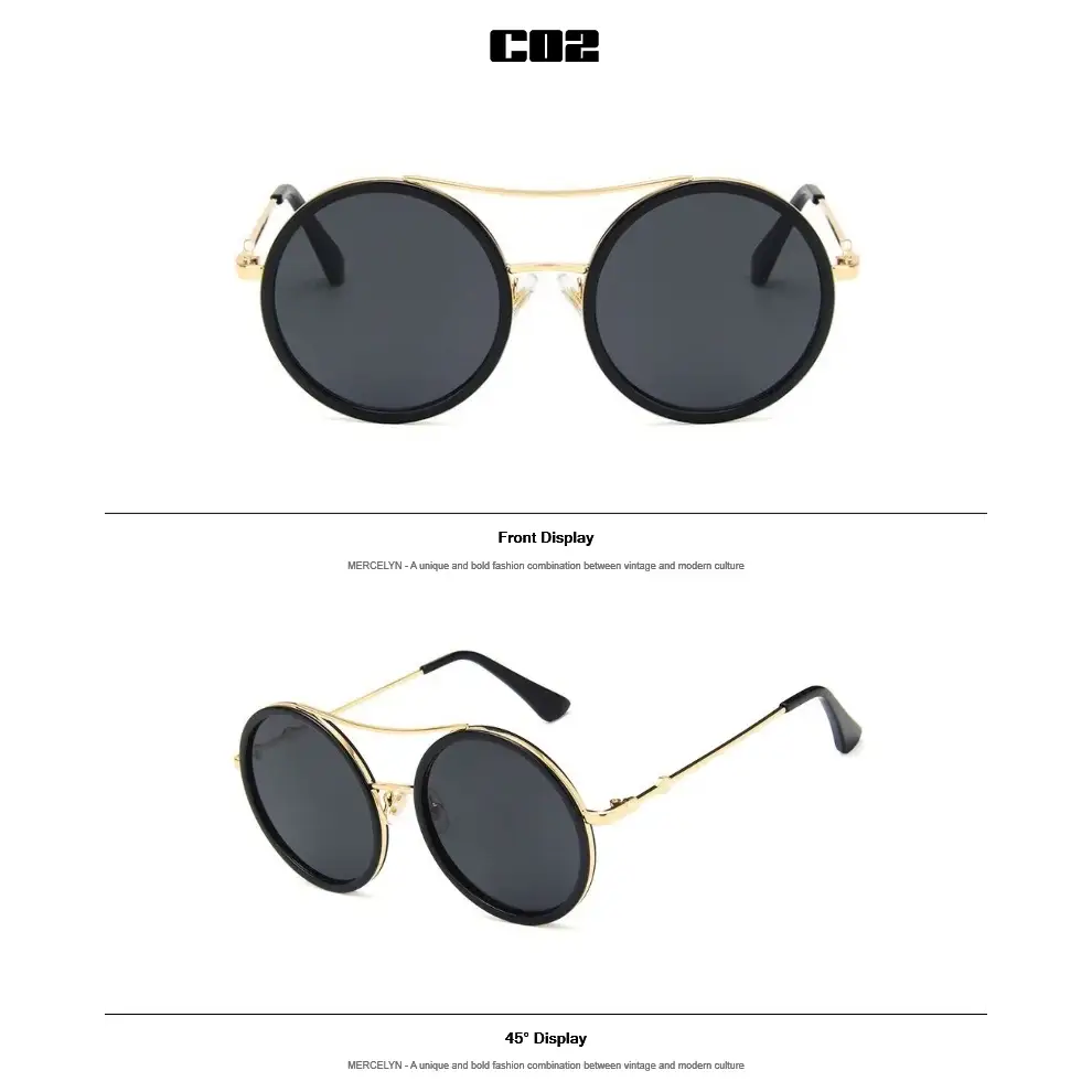 Round sunglasses with designer flair featuring a stylish gold frame and dark lenses