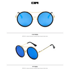 Stylish round sunglasses with designer flair featuring bold blue lenses and a gold frame