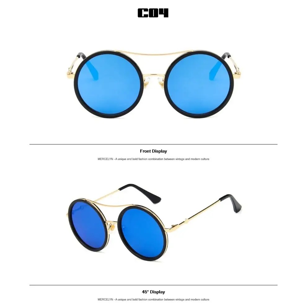 Stylish round sunglasses with designer flair featuring bold blue lenses and a gold frame
