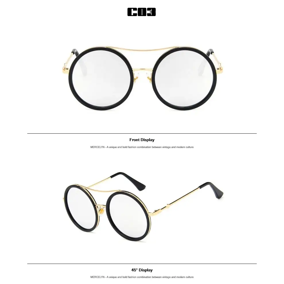 Round sunglasses with designer flair featuring a vintage and modern aesthetic in black and gold