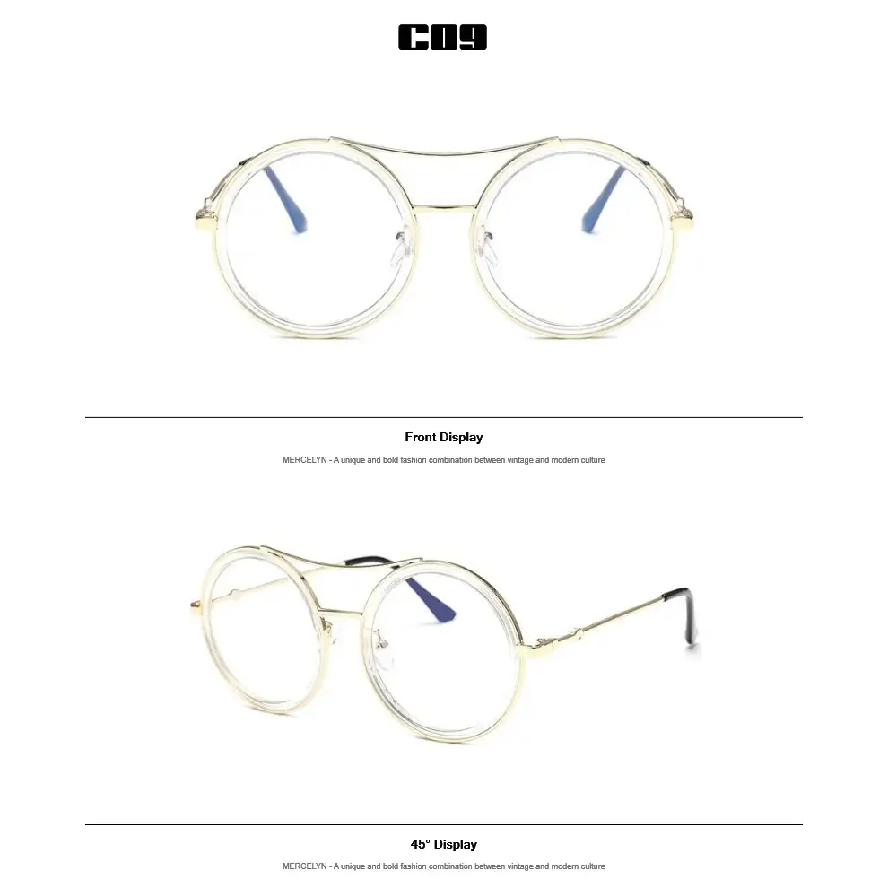 Round sunglasses with designer flair featuring a vintage-inspired gold frame and clear lenses