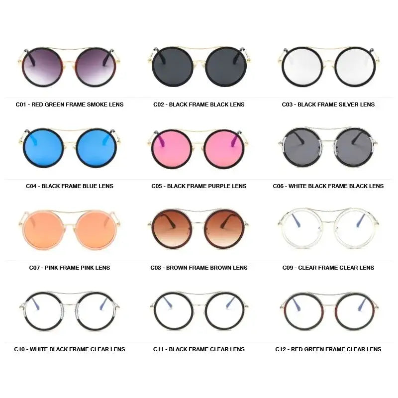 Assorted round sunglasses with designer flair in various colors and frame styles