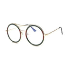 Stylish round sunglasses with designer flair featuring a gold frame and bold color accents
