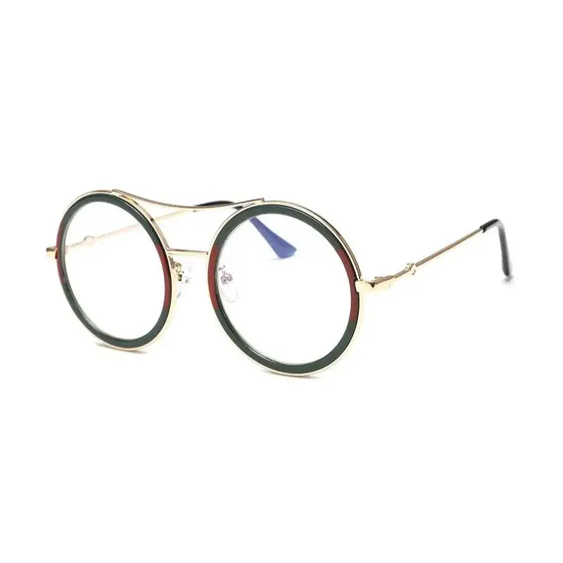Stylish round sunglasses with designer flair featuring a gold frame and bold color accents