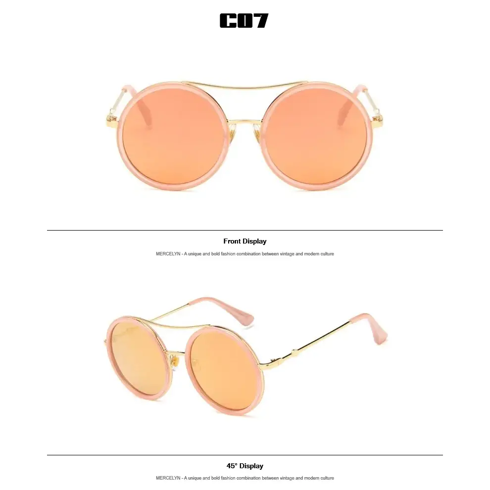 Trendy pink round sunglasses with designer flair featuring a unique vintage and modern style
