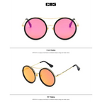Round sunglasses with designer flair featuring pink and orange lenses with a stylish gold frame