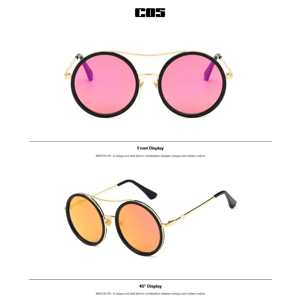 Round sunglasses with designer flair featuring pink and orange lenses with a stylish gold frame