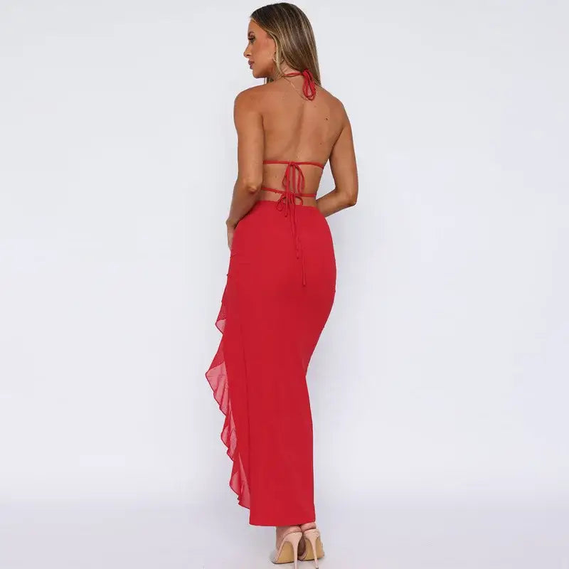 Mozision Ruffle Sexy V-neck Backless Sleeveless Lace-up Thigh Split Patchwork Maxi Dress For Women Slim Party Evening