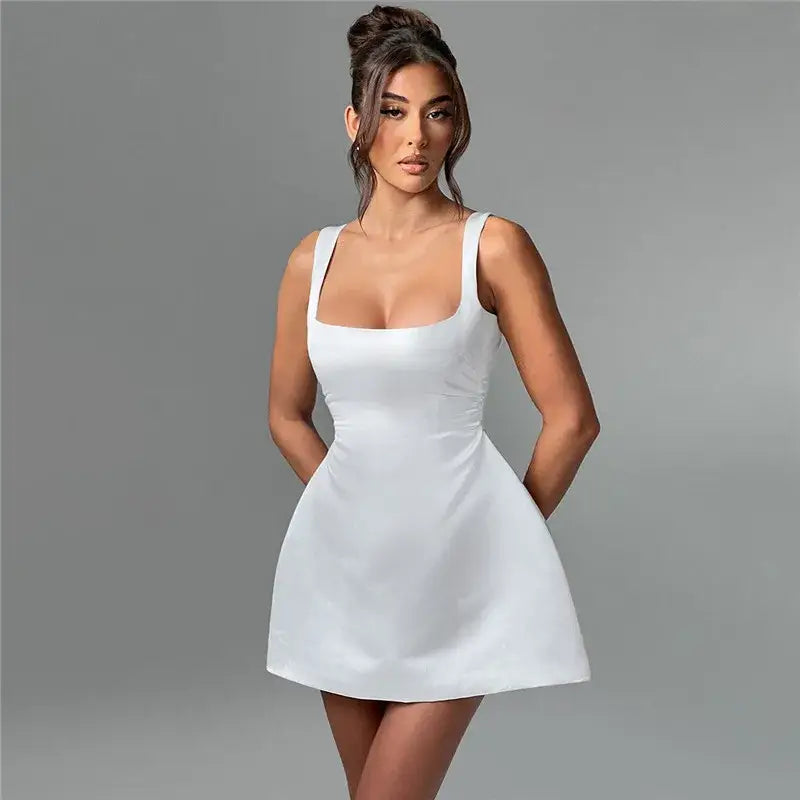 Satin Square Collar Mini Dress – Lace-Up Backless Clubwear - Mini Dresses