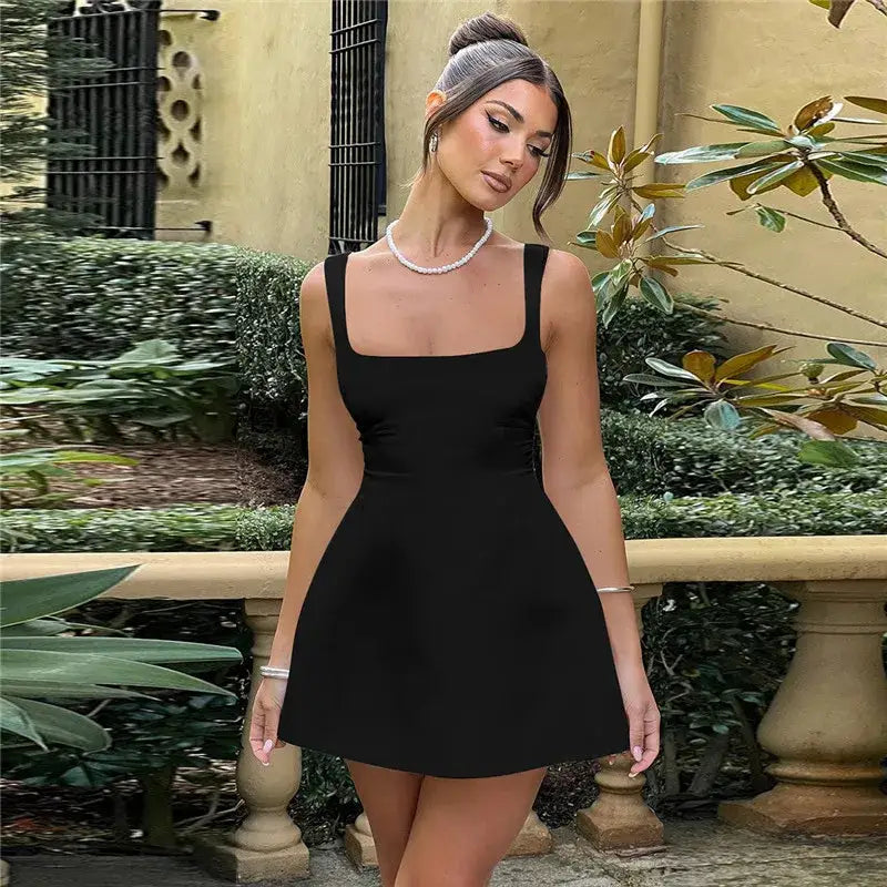 Satin Square Collar Mini Dress – Lace-Up Backless Clubwear - Mini Dresses